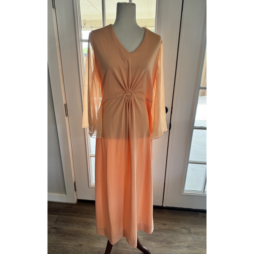 VTG 70s Dress Peach Long Maxi Party Bridesmaid Retro Flowey Bell Sleeve Large